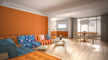 Modern colorful living room with kitchen and dining table, sofa with pillows, coffee table, big panoramic window, pendant lamp, parquet. White and orange interior design concept