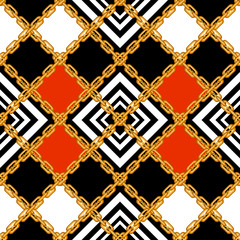 Seamless border with golden chains and checks. - 291912098