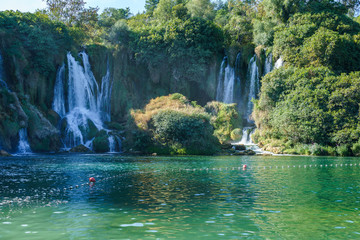 Kravice waterfall in Bosnia and Herzegovina, jets of water falling from a height of twenty-five meters