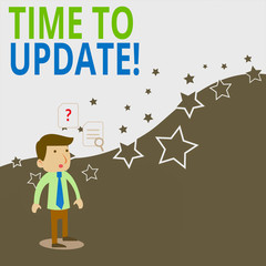 Conceptual hand writing showing Time To Update. Concept meaning this is right moment to make something more modern new Young Male Businessman Worker Searching Problem Solution