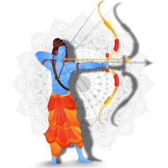 Illustration of Lord Rama taking aim with bow on mandala pattern background. - obrazy, fototapety, plakaty
