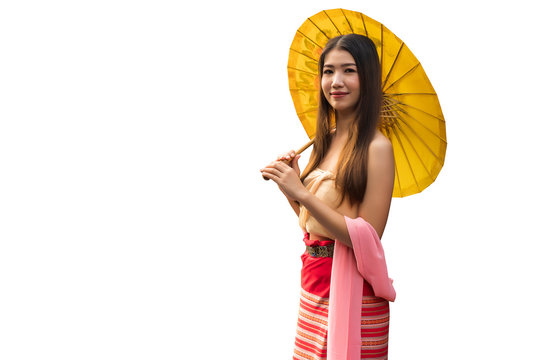 Portrait of happy young Asian woman holding yellow umbrella. ,clipping path. Cute cambodian girls. beauty ,Fashion concept