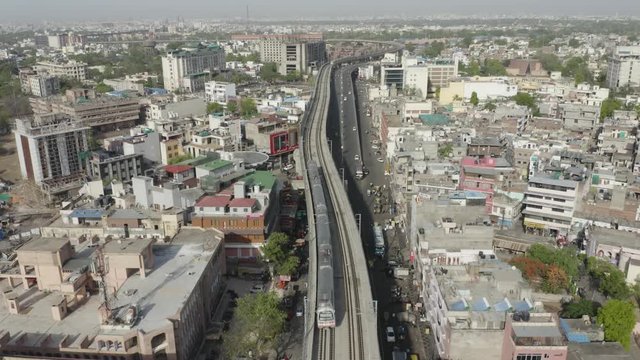 4K Aerial Drone Footage of Inner City Metro Train and Transportation system in Jaipur Rajasthan India.