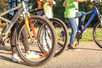 Cute children riding bicycles outdoors