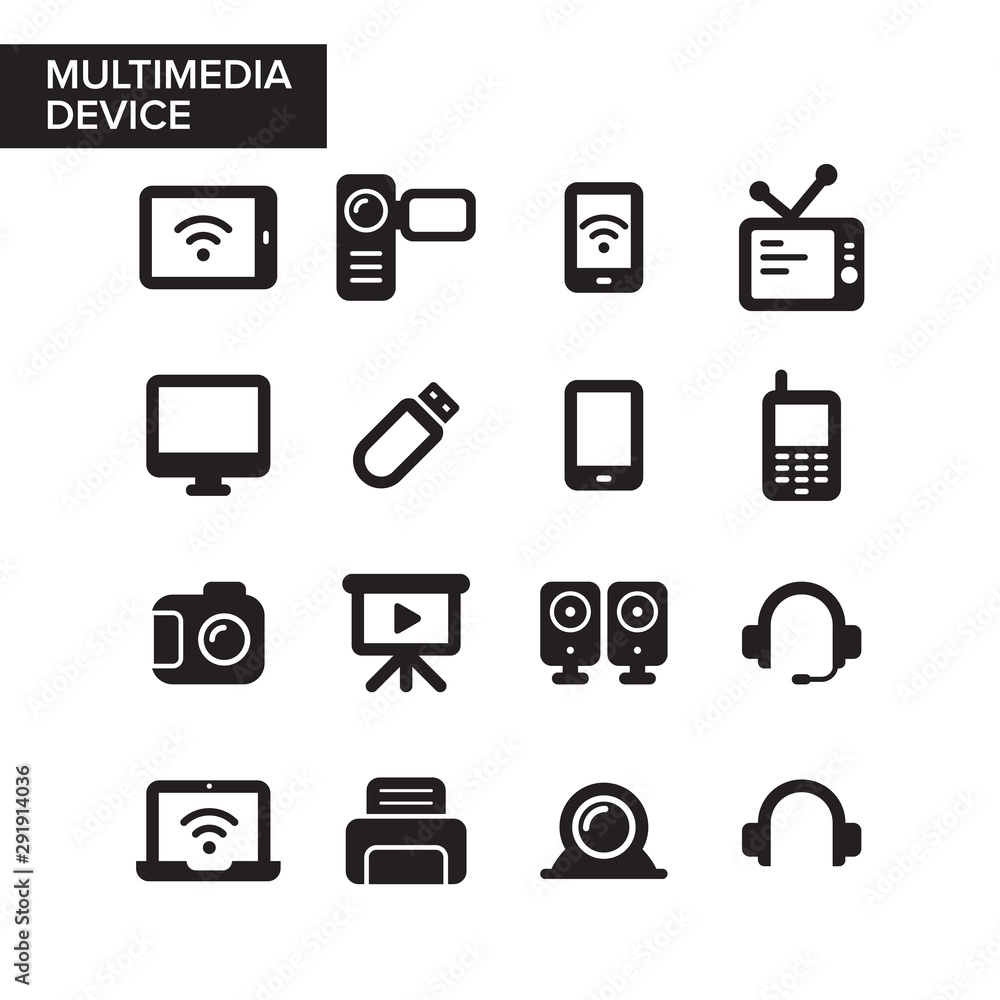 Poster simple flat minimalist multimedia device technology icon. modern digital technology equipment. solid