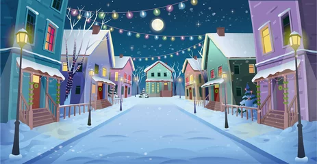 Printed kitchen splashbacks Blue sky Panorama road over the street with lanterns and a garland. Vector illustration of winter city street in cartoon style.