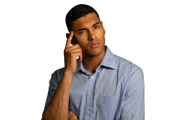 Young confused businessman touching his head