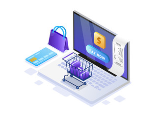 Mobile payment or money transfer with laptop concept. E-commerce market shopping online Isometric illustration. Template for web landing page, banner, presentation, social media, print media