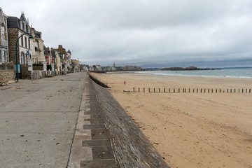  Front view of traditional granite houses along the promenade in Saint-Malo