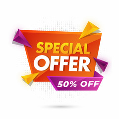 Special offer sale label or ribbon decorated with 3d geometric elements and 50% discount off on white background.