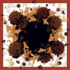 Blumenmuster. Kranz aus luxuriösen Blumen, Pfingstrosen, Ornamentdetails im Barockstil und Schmetterlingen. © marinavorona