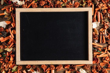 Autumnal flat lay with chalkboard