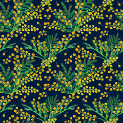 Flowers and twigs of Mimosa on dark blue seamless background