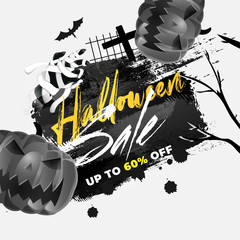 Halloween Sale poster or template design with 60% discount offer and scary pumpkins on brush stroke grunge background.