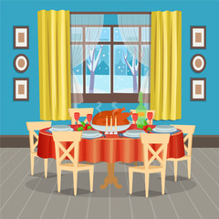 Holiday table with food and window. Modern cozy dining room interior with  table with chairs, paintings, window,  Vector illustration flat cartoon style.
