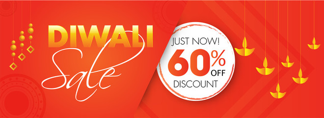 Website orange header or banner design with 60% discount offer for Diwali Sale.