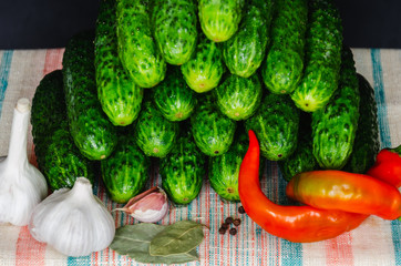 Fresh organic cucumbers, red hot peppers and garlic. Preparing for home pickling. Homemade preserves concept. Closeup