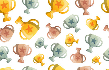 Trophy cup seamless pattern background. Business flat vector ill. Ustration. Award winner symbol pattern. Gold, silver and bronze cups