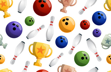 Bowling game seamless pattern vector illustration. Ball crashing into the pins, getting strike. Bowling tournament. Winner of championship. Victory cups