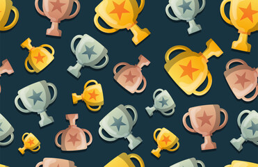 Trophy cup seamless pattern background. Business flat vector ill. Ustration. Award winner symbol pattern. Gold, silver and bronze cups