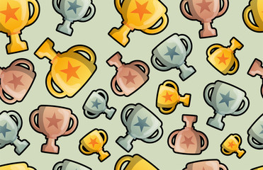 Trophy cup seamless pattern background. Business flat vector ill. Ustration. Award winner symbol pattern. Gold, silver and bronze cups