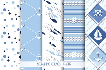 Set of sea and nautical seamless patterns in white and navy blue colors. Vector illustration.