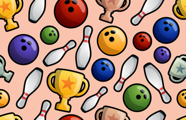 Bowling game seamless pattern vector illustration. Ball crashing into the pins, getting strike. Bowling tournament. Winner of championship. Victory cups
