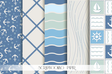 Set of blue and white sea seamless patterns. Scrapbook design elements.