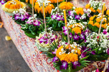 Krathong of floating basket by banana leaf Thai style for Loy Krathong Festival or Thai New Year and river goddess worship ceremony,the full moon of the 12th month Be famous festival of Thailand.