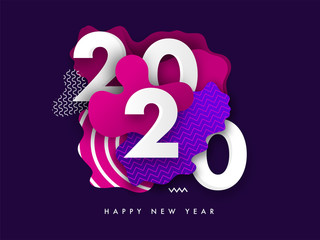 2020 text with paper cut abstract pattern on purple background for Happy New Year celebration concept.