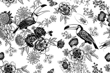 Roses, peonies and toucans. Floral seamless pattern.
