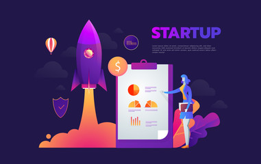 Startup launching process isometric infographic technology online. Business concept vector. Rocket space ship taking off with micro creative people.