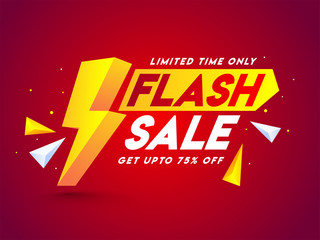 Advertising banner or poster design with 3d lighting bolt and 75% discount offer on red background for Flash Sale.
