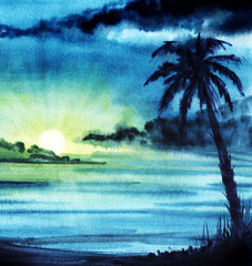 Abstract watercolor landscape. Dark evening night sky. Сlouds. Gradient from saturated blue to green, yellow. Sunset sun. silhouette tall palm trees. Hand drawn watercolor background illustration