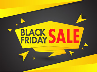 Black Friday Sale ribbon or poster design with geometric elements on grey and yellow background.