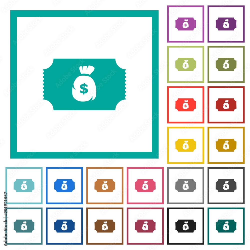 Poster ticket with dollar bag flat color icons with quadrant frames