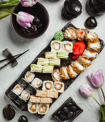 Set of various sushi top view