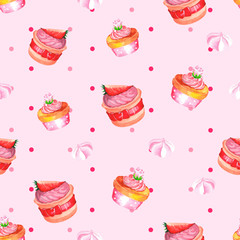 Watercolor seamless pattern with cupcakes. Hand drawn design. Vector illustration.