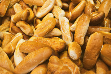 Fresh baked bread at the market closeup. Food background concept