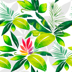 Watercolor Tropical palm leaves seamless background. Floral pattern