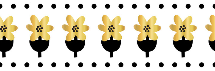 Seamless border Gold foil flowers vector. Shiny metallic golden florals and black leaves. Elegant Scandinavian style hand drawn design for banner, card decor, ribbon, trim, celebration, party invite