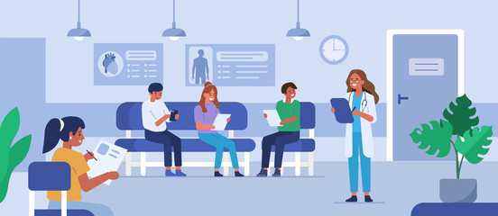 People characters sitting on chairs and waiting appointment time in medical hospital. Doctor inviting next patient in cabinet. Man and woman in queue at the clinic. Flat cartoon vector illustration.