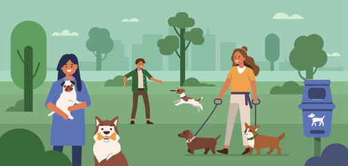  People characters walking and playing with dogs in park. Man and woman cleaning up after dog and picking up waste in public waste station. Human and pet concept. Flat cartoon vector illustration. 