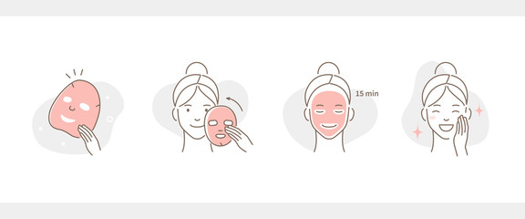 Beauty Girl Take Care of her Face and Use Facial Sheet Mask. Adorable Woman Making Skincare Procedures. Skin Care Routine, Hygiene and Moisturizing Concept. Flat Cartoon Illustration and Icons set.