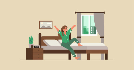  Happy woman in pajama waking up in her bed at morning. Girl sitting and stretching after getting up. Female character happy awake and ready for new day. Flat cartoon vector illustration. 