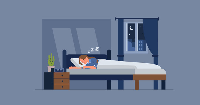  Woman in pajama sleeping in bed at night. Female character lying and resting in a cozy room after a hard day. Girl bedroom interior. Good night and sweet dreams. Flat cartoon vector illustration. 