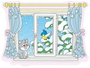 Cute curious kitten looking through a window and watching a funny bird perched on a snow-covered fir branch on a snowy winter day, vector illustration in a cartoon style