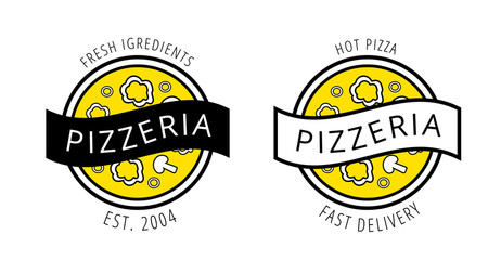 Simple yellow and black pizza logos for delivery, bakery, product, cafe, restaurant, pizzeria. Hot pizza with fresh ingredients and fast delivery. Vector illustration