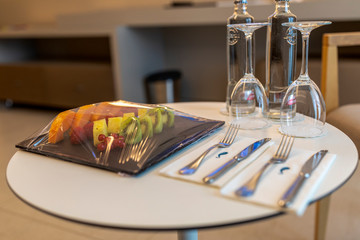 fresh fruits on a table in the hotel room