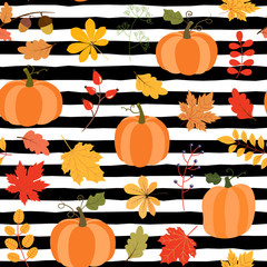 Seamless vector pattern with pumpkins and colorful autumn leaves on black and white striped background for Thanksgiving, Halloween and Fall designs